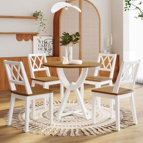 5-Piece Round Dining Table Set with Trestle Legs and 4 Cross Back Dining Chairs (Color: White)